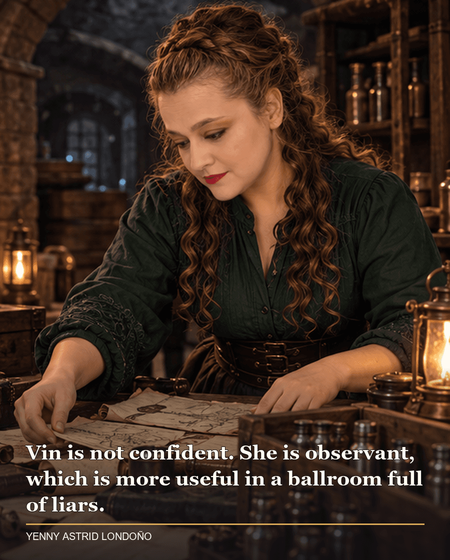 Image from Yenny Astrid Londoño’s review of “Mistborn: The Final Empire”. Yenny in a forest-green blouse in a hidden cellar beside metal vials and blank planning papers. Text: Vin is not confident. She is observant, which is more useful in a ballroom full of liars.