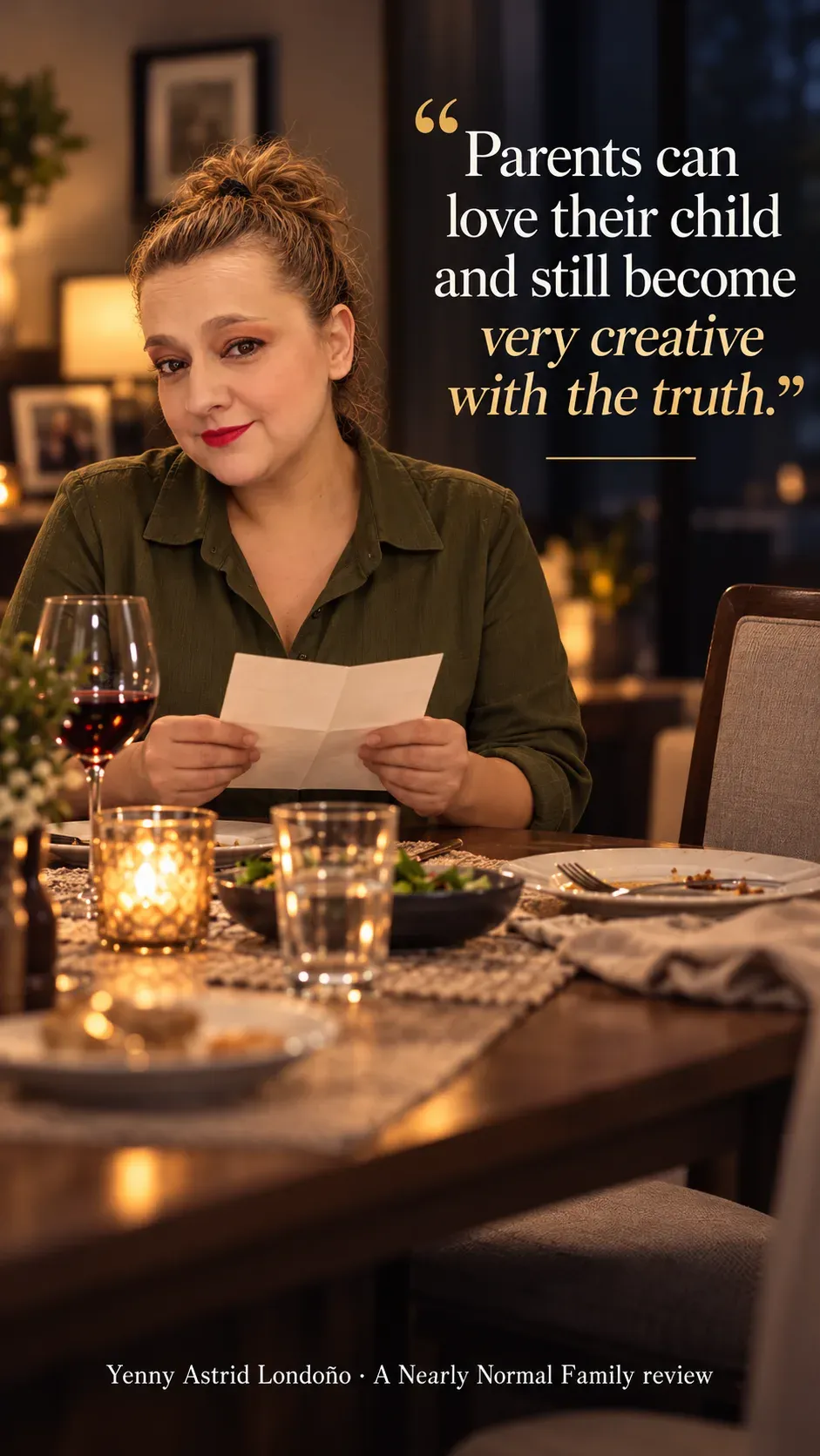 Image from Yenny Astrid Londoño’s review of “A Nearly Normal Family”. Yenny in an olive blouse reading a letter at a family dinner table. Text: Parents can love their child and still become very creative with the truth.