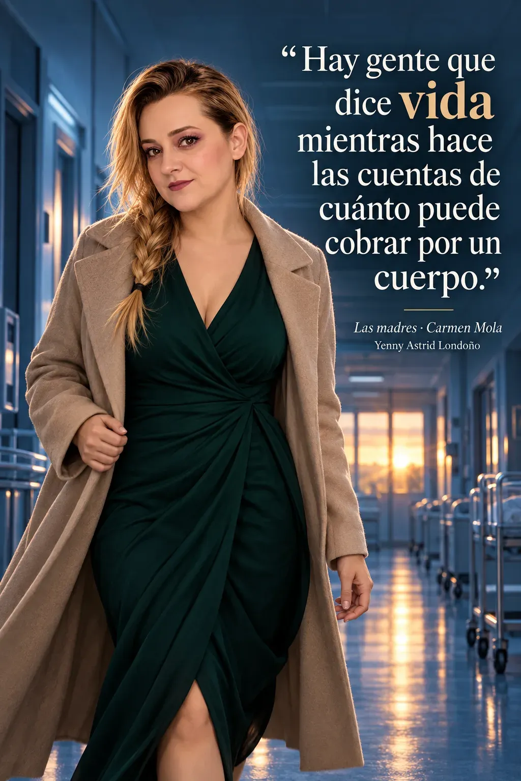 Yenny con vestido verde y abrigo beige caminando por un pasillo de maternidad al amanecer.