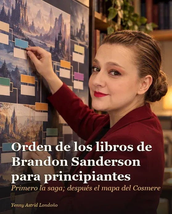 Portada del artículo «Orden de los libros de Brandon Sanderson para principiantes: primero la saga, luego el mapa», escrito por Yenny Astrid Londoño. Yenny organiza varios libros de fantasía por secuencia usando separadores de colores en una mesa de biblioteca.