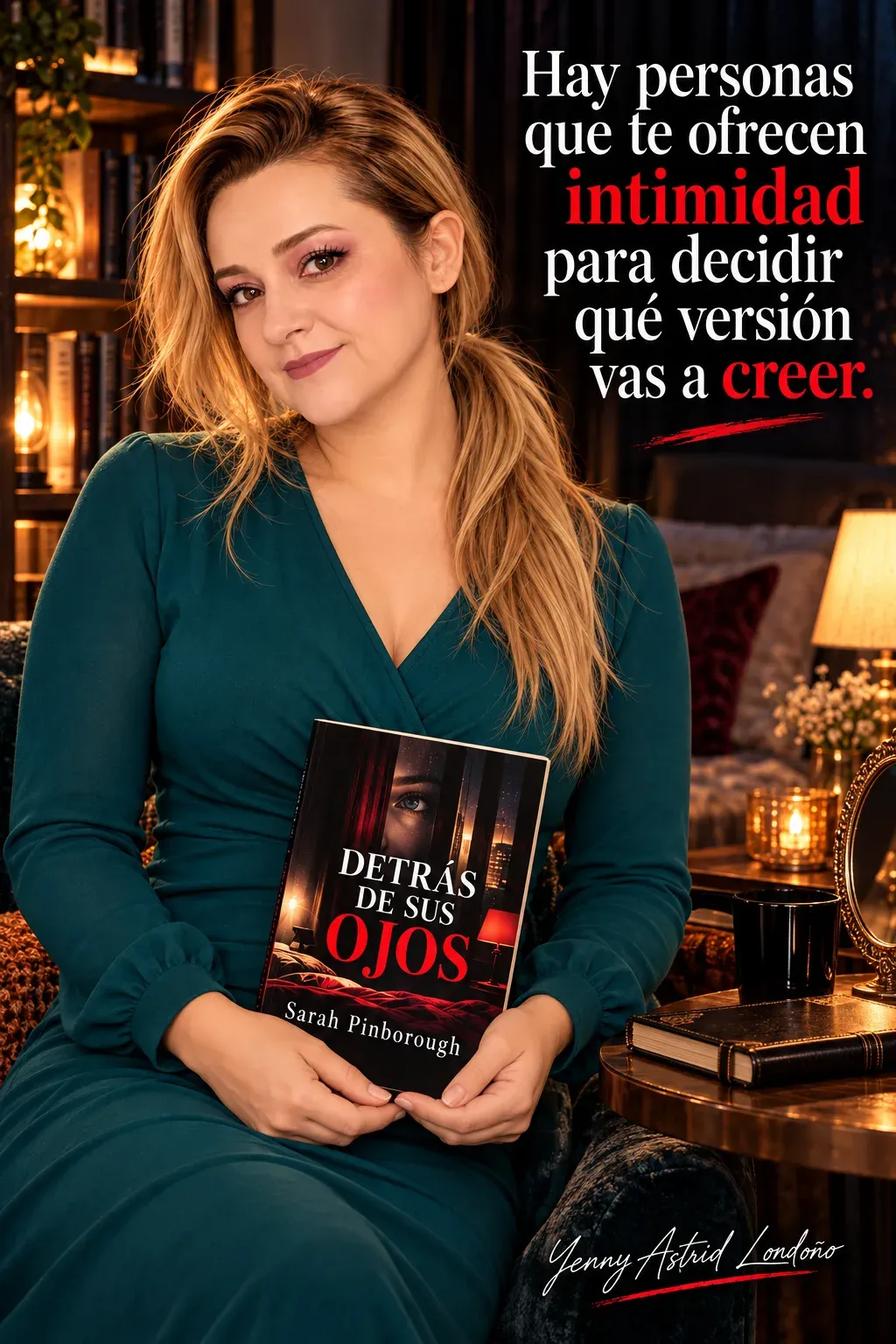 Yenny con coleta lateral y vestido verde azulado, sosteniendo Detrás de sus ojos con ambas manos en una sala con espejo; frase del libro sobre intimidad y versiones.