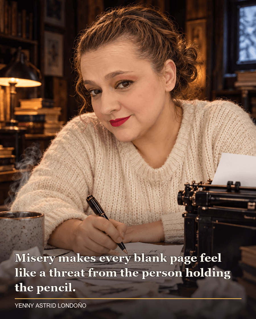 Image from Yenny Astrid Londoño’s review of “Misery”. Yenny in a cream sweater at a writing desk with a typewriter, crossed-out pages and a mug. Text: Misery makes every blank page feel like a threat from the person holding the pencil.