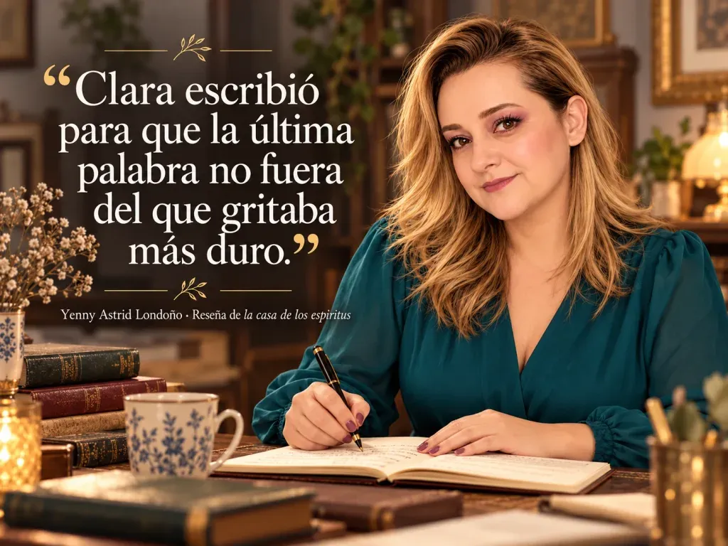 Imagen de la reseña del libro «La casa de los espíritus», escrita por Yenny Astrid Londoño. Yenny Astrid Londoño en una imagen editorial con la frase del libro sobre Clara escribió para que la última palabra no fuera del que gritaba más duro.