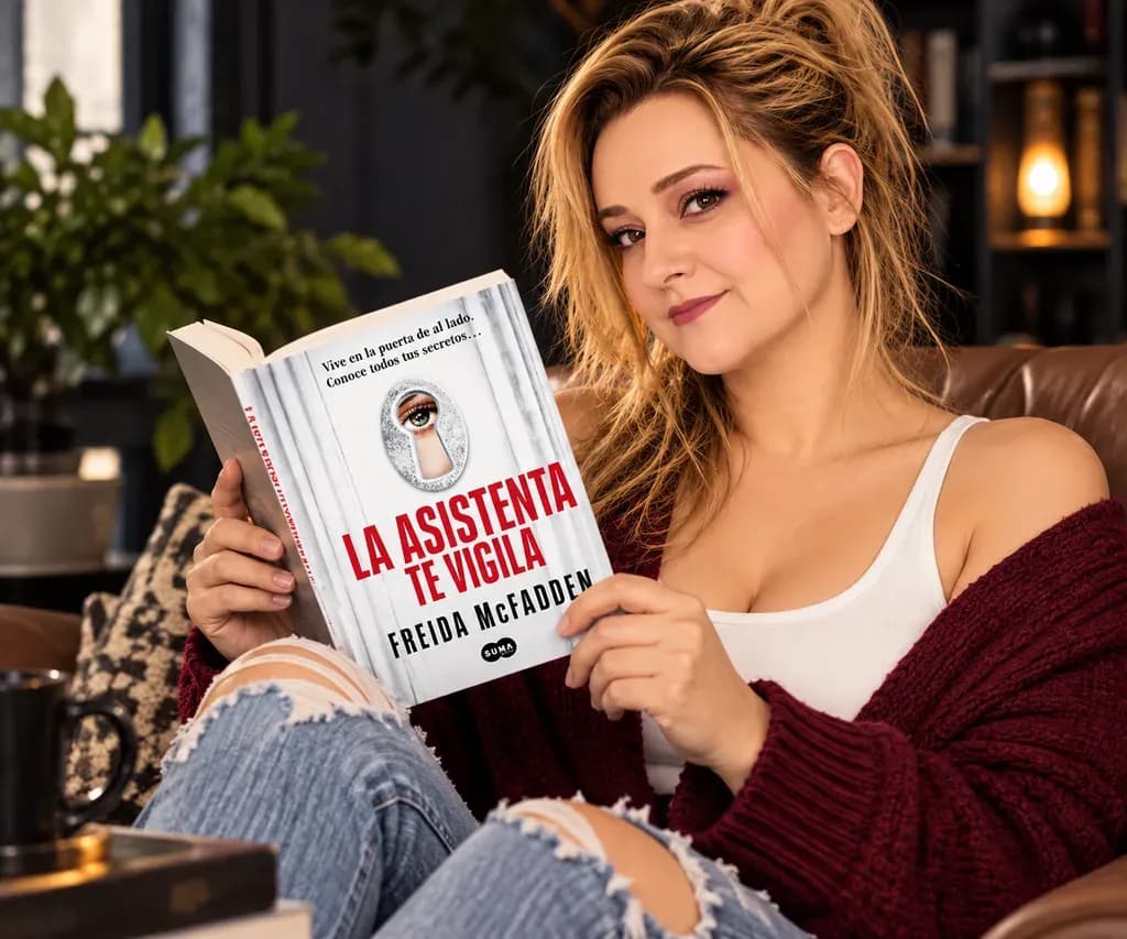Yenny Astrid Londoño sentada en un sillón con La asistenta te vigila, de Freida McFadden, abierto en la mano.