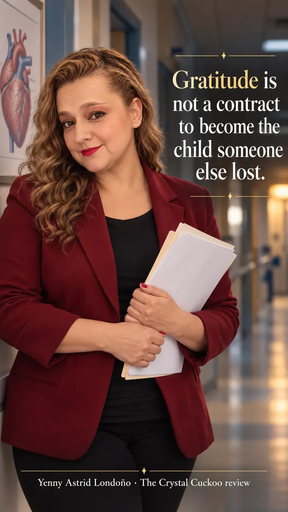 Image from Yenny Astrid Londoño’s review of “The Crystal Cuckoo”. Yenny in a red blazer holding papers in a hospital corridor. Text: Gratitude is not a contract to become the child someone else lost.