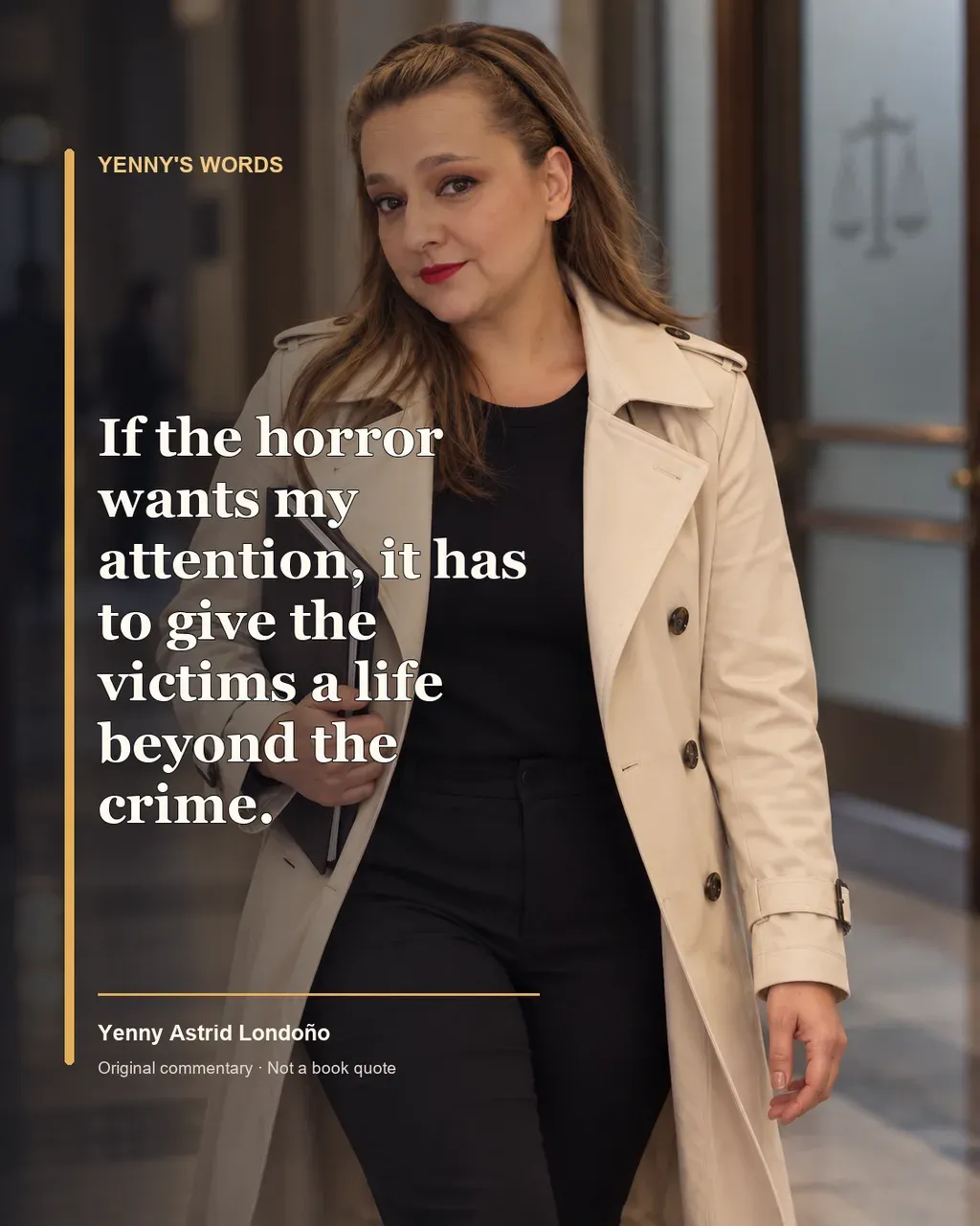 Image from Yenny Astrid Londoño’s review of “The Mothers”. Illustration of The Mothers, by Carmen Mola, with overlaid text: «If the horror wants my attention, it has to give the victims a life beyond the crime.»