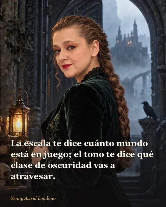 Imagen del artículo «Fantasía épica vs. fantasía oscura: no, no se distinguen por cuánta sangre hay», escrito por Yenny Astrid Londoño. Yenny señala dos columnas de una guía: una con el alcance del conflicto y otra con el tono de la historia.
