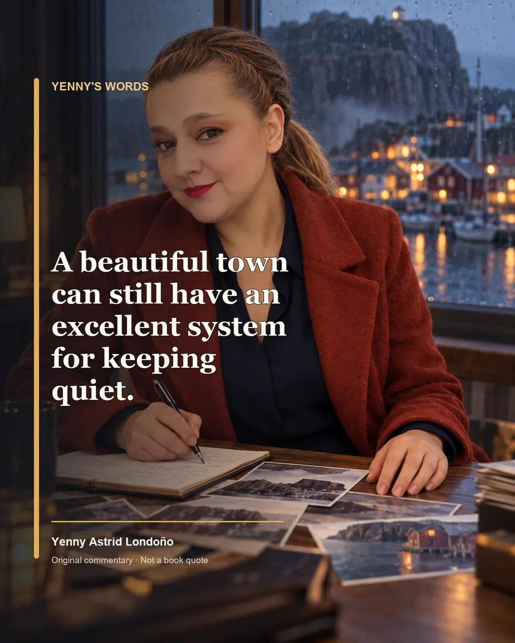 Image from Yenny Astrid Londoño’s review of “The Cuckoo”. Illustration of The Cuckoo, by Camilla Läckberg, with overlaid text: «A beautiful town can still have an excellent system for keeping quiet.»