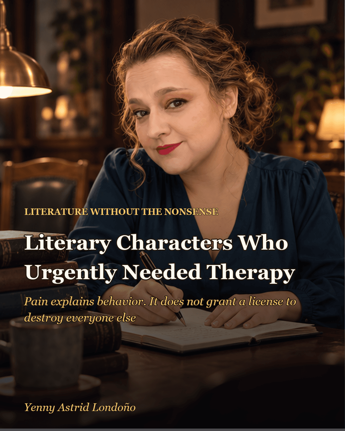 Cover image for “Literary Characters Who Urgently Needed Therapy—and Others Who Needed to Stop Hurting People,” written by Yenny Astrid Londoño. Yenny in a library with thrillers, notes, and an empty therapy chair across the table.