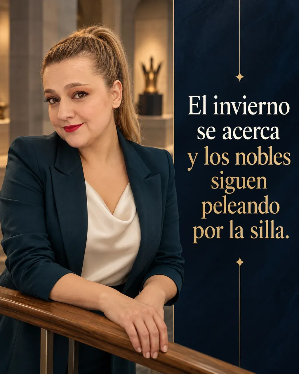 Imagen de la reseña del libro «Juego de tronos», escrita por Yenny Astrid Londoño. Ilustración de Juego de tronos, de George R. R. Martin, con un texto superpuesto: «El invierno se acerca y los nobles siguen peleando por la silla».