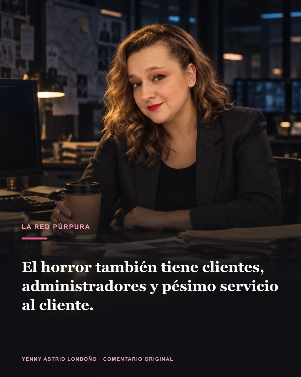 Imagen de la reseña del libro «La red púrpura», escrita por Yenny Astrid Londoño. Ilustración de La red púrpura, de Carmen Mola, con un texto superpuesto: «El horror también tiene clientes, administradores y pésimo servicio al cliente».