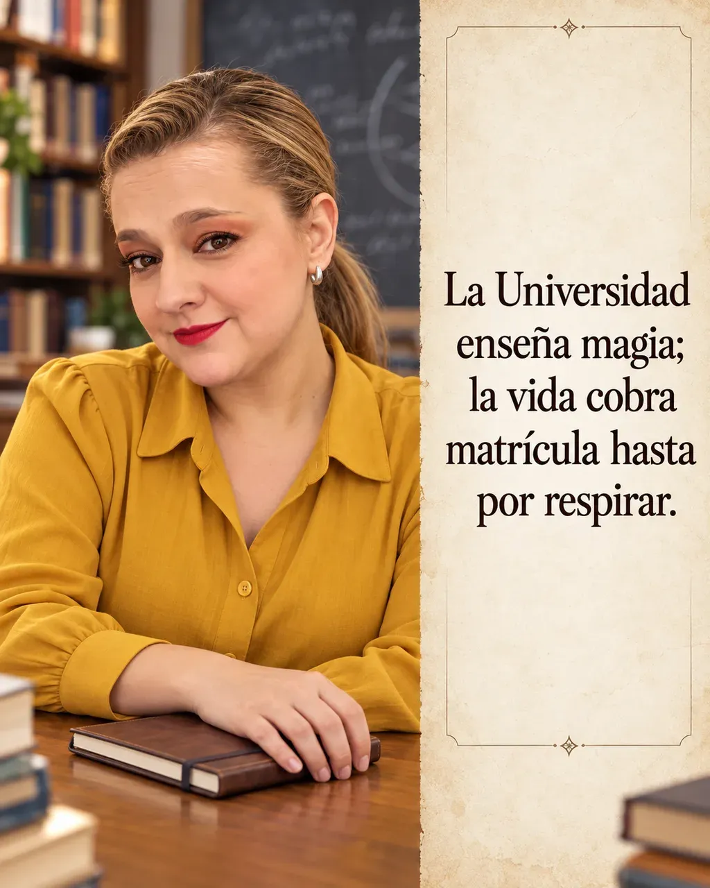 Imagen de la reseña del libro «El nombre del viento», escrita por Yenny Astrid Londoño. Ilustración de El nombre del viento, de Patrick Rothfuss, con un texto superpuesto: «La Universidad enseña magia; la vida cobra matrícula hasta por respirar».