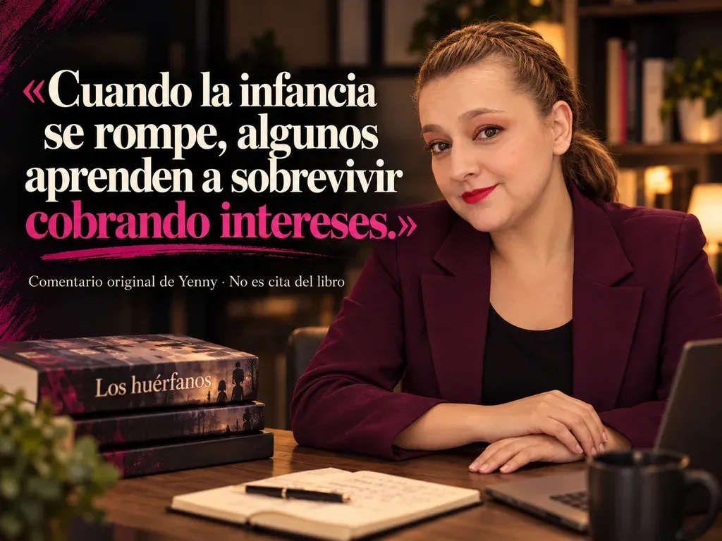 Imagen de la reseña del libro «Los huérfanos», escrita por Yenny Astrid Londoño. Ilustración de Los huérfanos, de Carmen Mola, con un texto superpuesto: «Cuando la infancia se rompe, algunos aprenden a sobrevivir cobrando intereses».