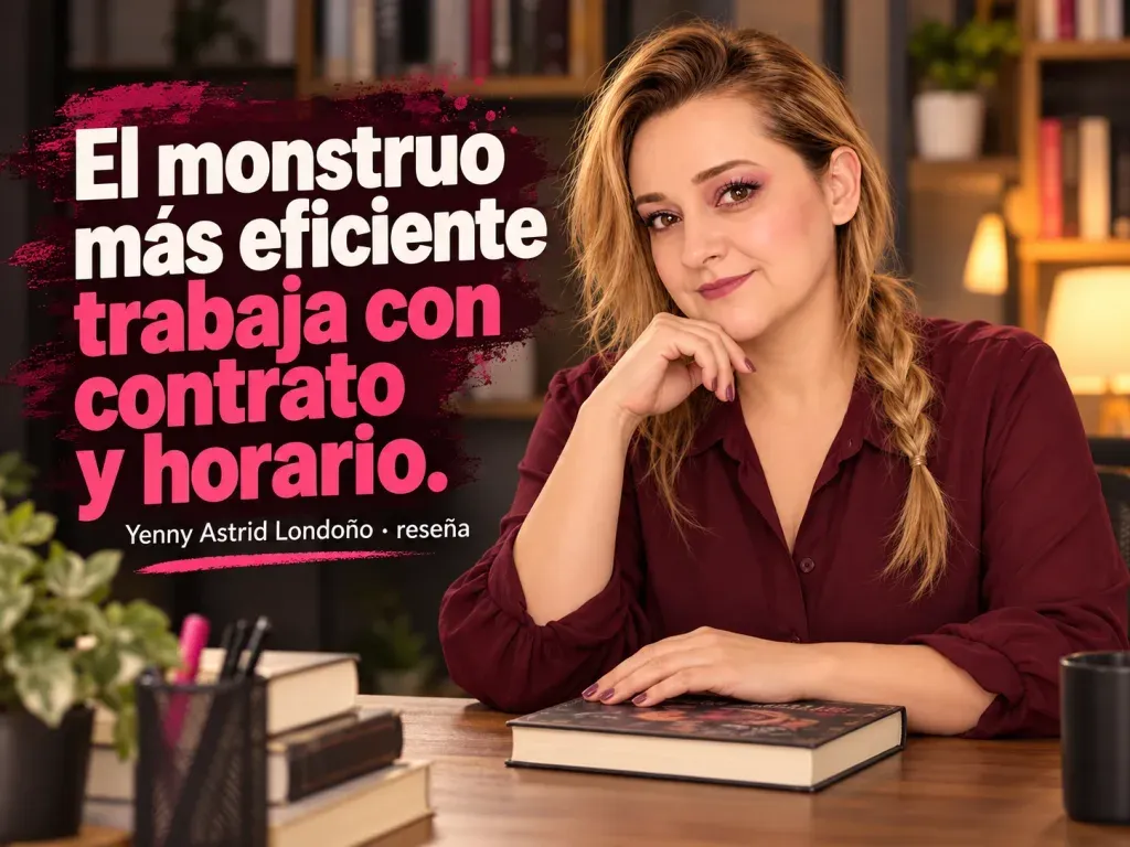 Imagen de la reseña del libro «Cadáver exquisito», escrita por Yenny Astrid Londoño. Yenny Astrid Londoño en una imagen editorial con la frase del libro sobre El monstruo más eficiente trabaja con contrato y horario.