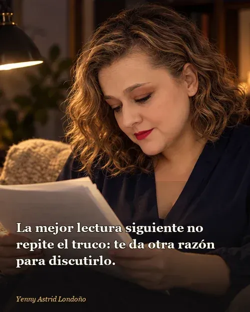 Imagen del artículo «Qué leer después de *Verity*: ocho thrillers para volver a desconfiar», escrito por Yenny Astrid Londoño. Yenny cierra un libro y deja otro abierto, con una nota que pregunta “¿quién cuenta?”; frase: “La mejor lectura