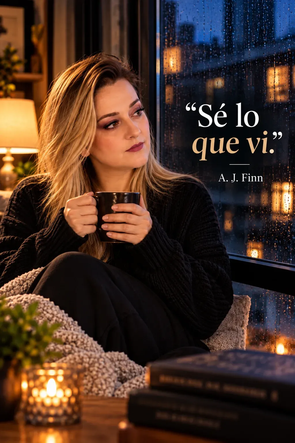 Yenny Astrid Londoño con una taza, sentada junto a una ventana con lluvia, con una frase de A. J. Finn de La mujer en la ventana.