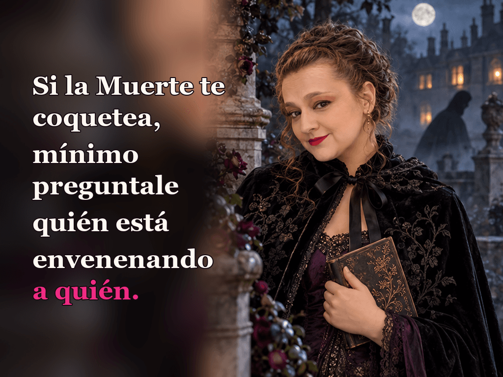 Imagen de la reseña del libro «Belladonna», escrita por Yenny Astrid Londoño. Ilustración de Belladonna, de Adalyn Grace, con un texto superpuesto: «Si la Muerte te coquetea, mínimo preguntale quién está envenenando a quién».