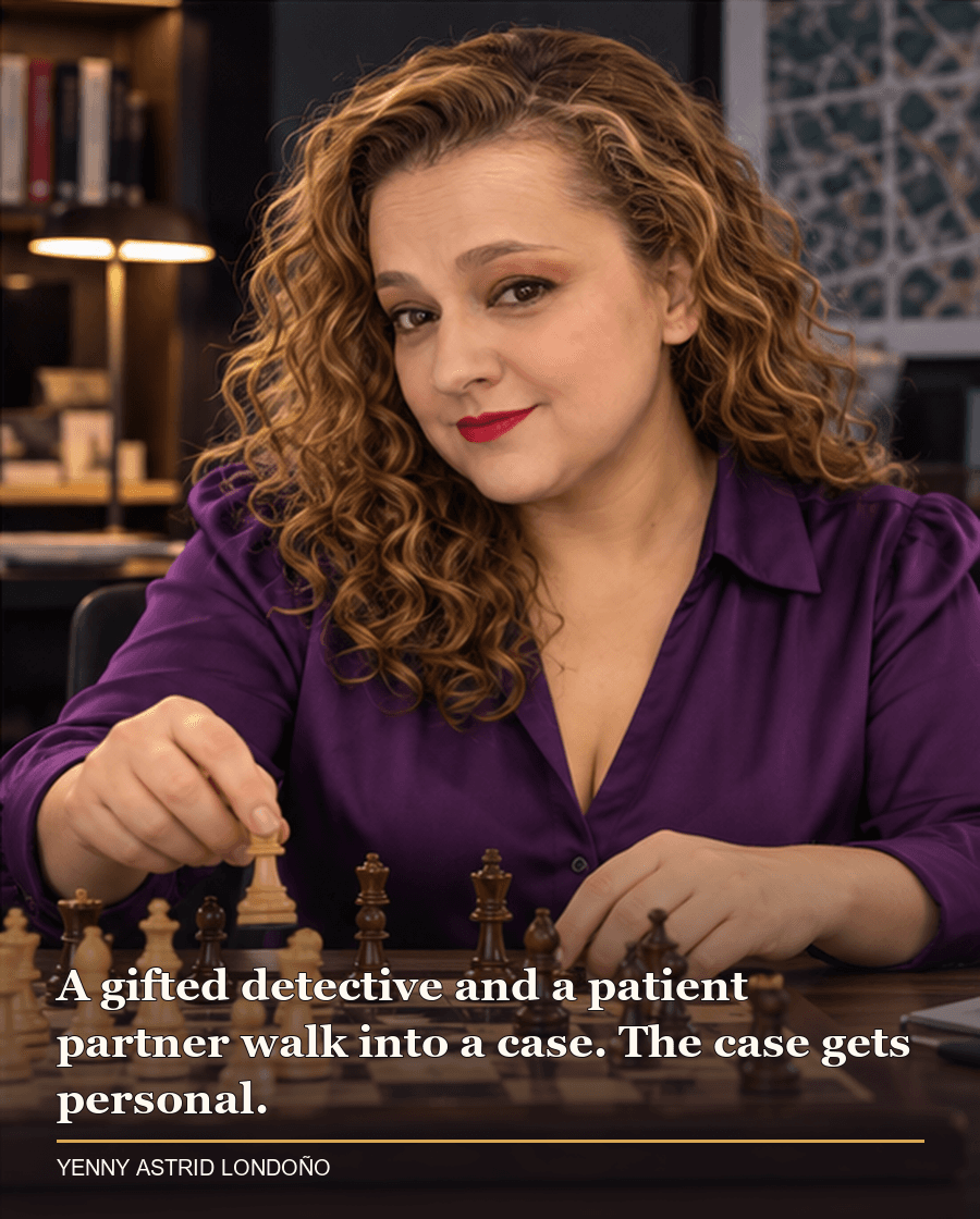 Image from Yenny Astrid Londoño’s review of “Red Queen”. Yenny in a purple blouse beside a chessboard and case files in a modern Madrid office. Text: A gifted detective and a patient partner walk into a case. The case gets personal.