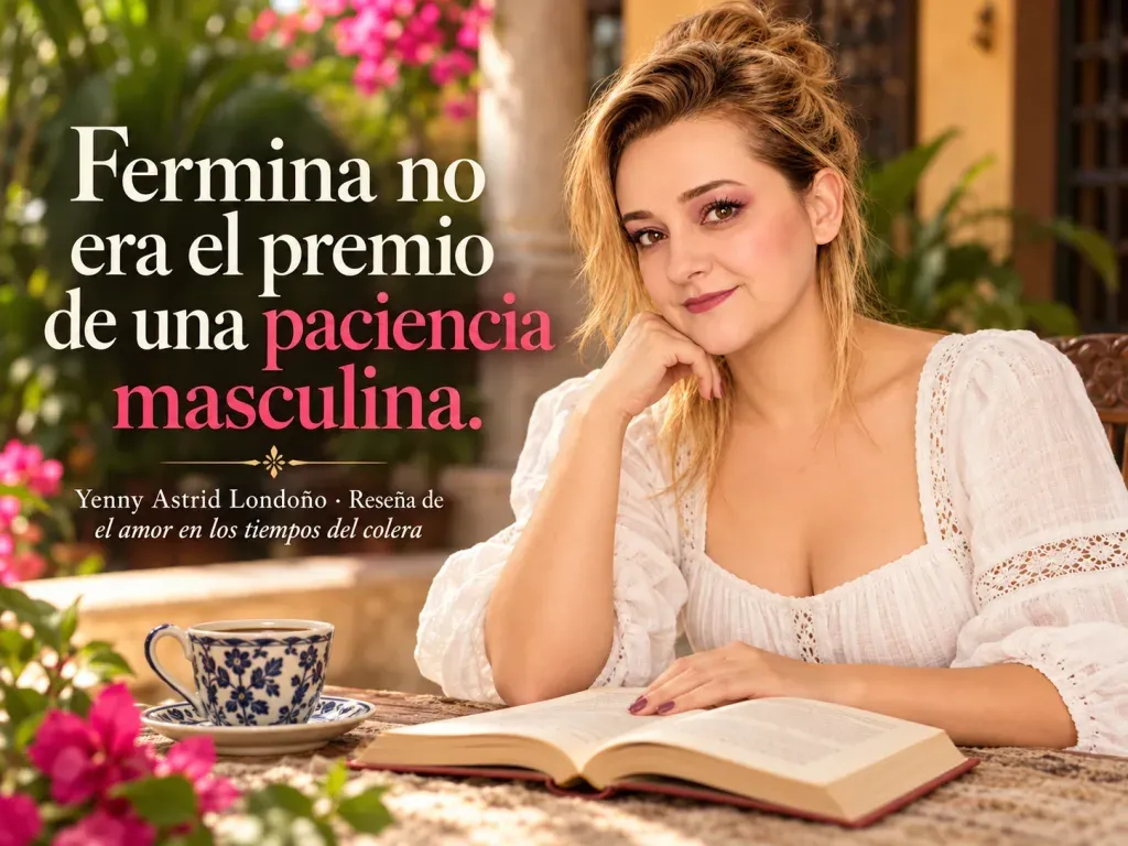 Imagen de la reseña del libro «El amor en los tiempos del cólera», escrita por Yenny Astrid Londoño. Yenny Astrid Londoño en una imagen editorial con la frase del libro sobre Fermina no era el premio de una paciencia masculina.