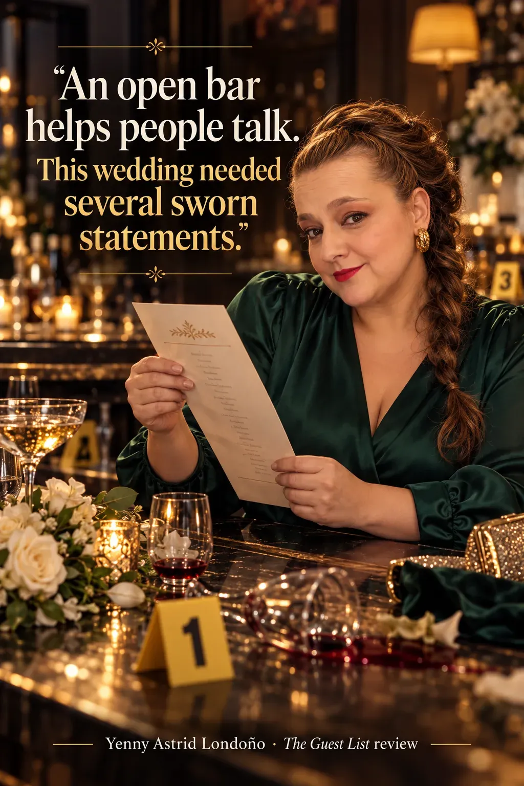 Image from Yenny Astrid Londoño’s review of “The Guest List”. Yenny in a green blouse reading a guest list at the wedding bar. Text: An open bar helps people talk. This wedding needed several sworn statements.