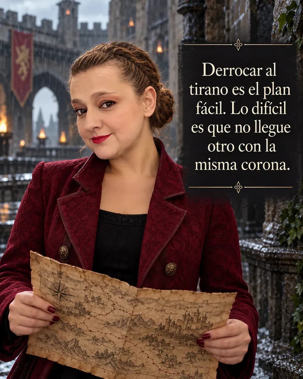 Imagen de la reseña del libro «El imperio final», escrita por Yenny Astrid Londoño. Ilustración de El imperio final, de Brandon Sanderson, con un texto superpuesto: «Derrocar al tirano es el plan fácil. Lo difícil es que no llegue otro con la misma corona».