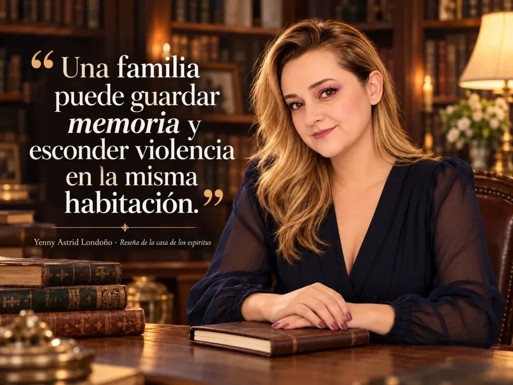 Imagen de la reseña del libro «La casa de los espíritus», escrita por Yenny Astrid Londoño. Yenny Astrid Londoño en una imagen editorial con la frase del libro sobre Una familia puede guardar memoria y esconder violencia en la misma habitación.