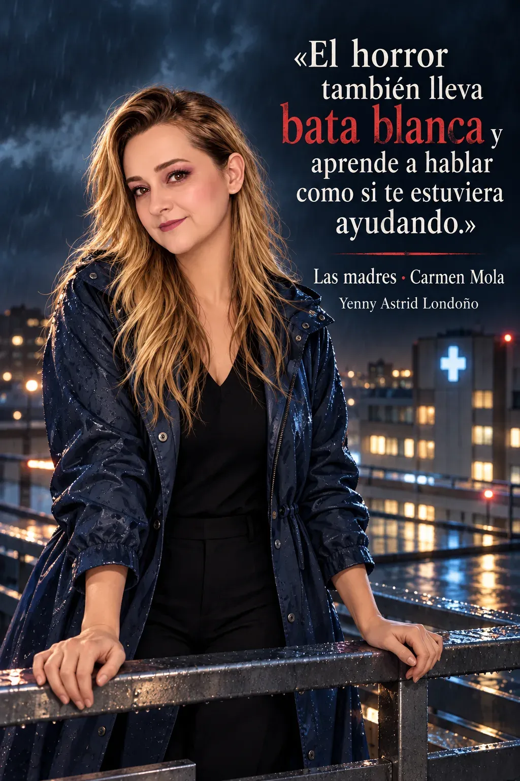 Yenny con impermeable azul apoyada con ambas manos en la baranda de una azotea de hospital bajo la lluvia.