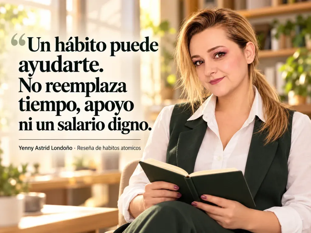 Imagen de la reseña del libro «Hábitos atómicos», escrita por Yenny Astrid Londoño. Yenny Astrid Londoño en una imagen editorial con la frase del libro sobre La meta queda bonita; el sistema tiene que sobrevivir al martes.