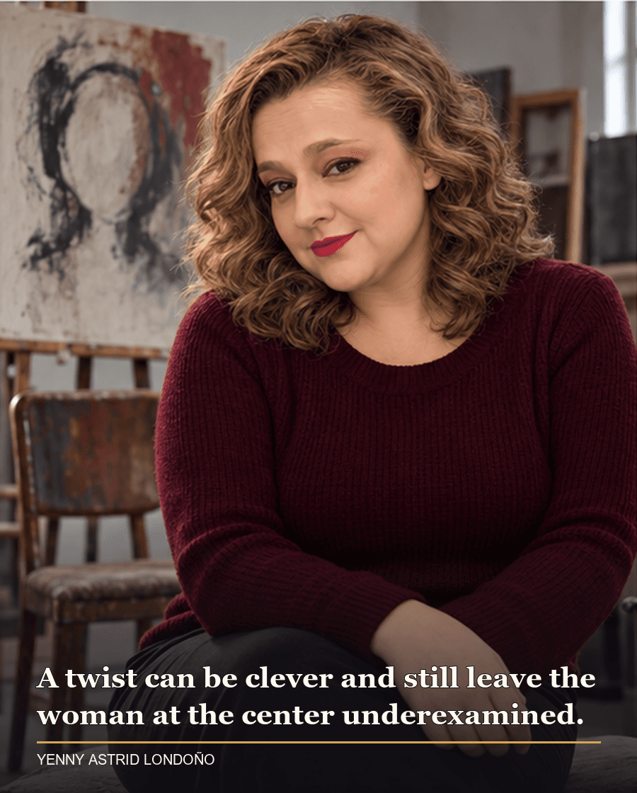 Image from Yenny Astrid Londoño’s review of “The Silent Patient”. Yenny studying a portrait painting in a therapy-inspired studio, reflecting on the novel’s twist. Text: A twist can be clever and still leave the woman at the center underexamined.