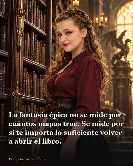 Imagen del artículo «Mejores libros de fantasía épica para empezar: ocho puertas de entrada sin mapa obligatorio», escrito por Yenny Astrid Londoño. Yenny deja un mapa a un lado y vuelve a abrir una novela junto a una lámpara; frase: “La fantasía épica no se mide por