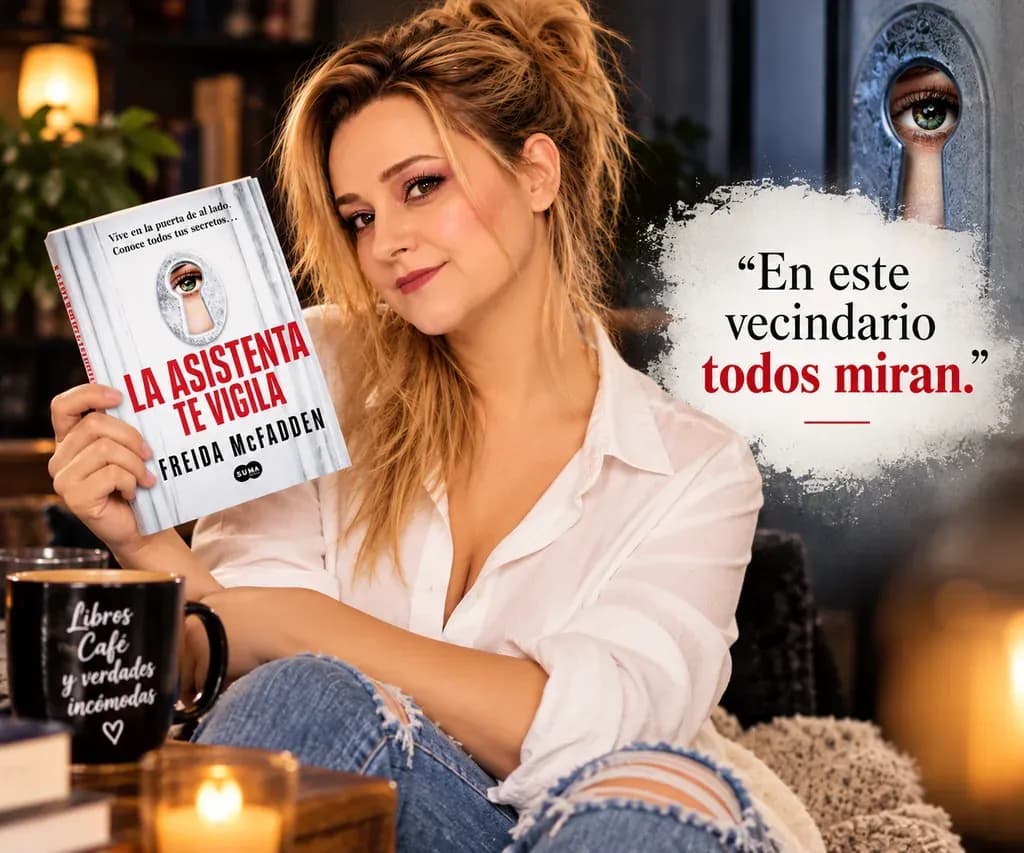 Yenny Astrid Londoño con camisa blanca, una taza y La asistenta te vigila, de Freida McFadden, junto a una frase del libro sobre el vecindario.