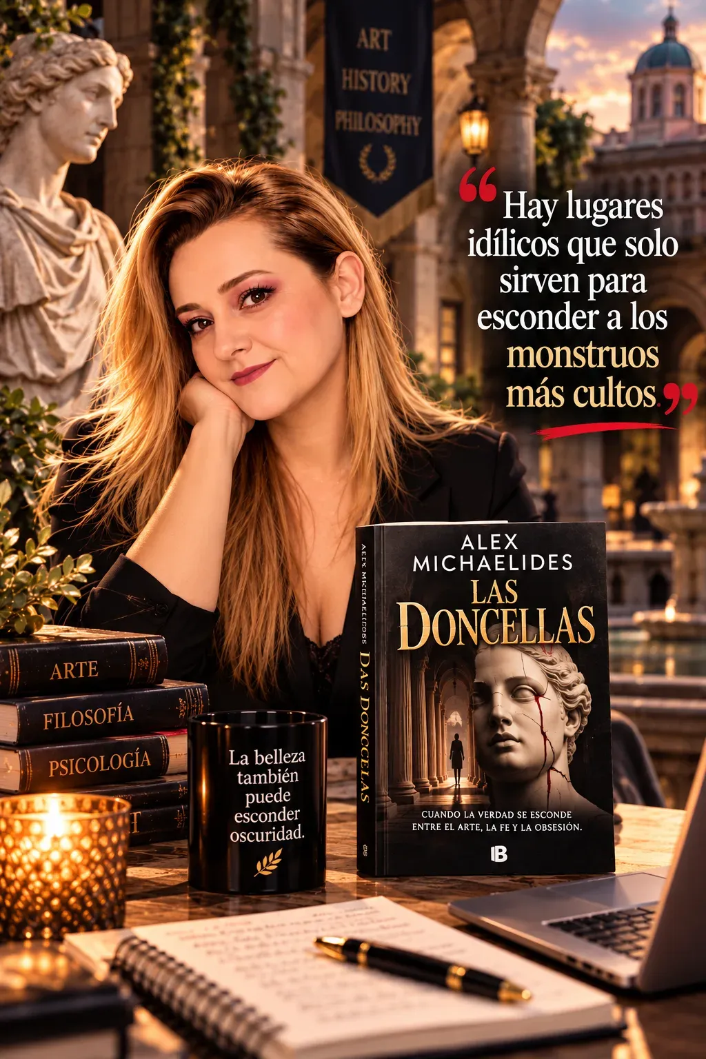 Yenny Astrid Londoño apoyando la cara en la mano, con Las doncellas, de Alex Michaelides, una taza y una vela, con estatuas y arquitectura clásica al fondo y un texto superpuesto en la imagen.