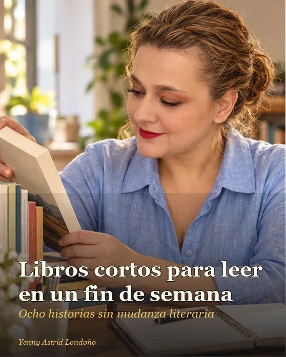 Portada del artículo «Libros cortos para leer en un fin de semana: ocho historias sin mudanza literaria», escrito por Yenny Astrid Londoño. Yenny escoge una novela breve para el fin de semana en una biblioteca luminosa junto a una ventana.