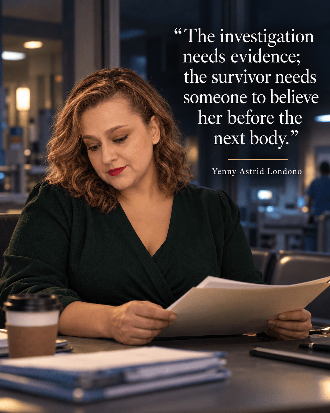 Image from Yenny Astrid Londoño’s review of “The Surgeon”. Illustration of The Surgeon, by Tess Gerritsen, with overlaid text: «A woman's competence should not depend on looking invulnerable.»