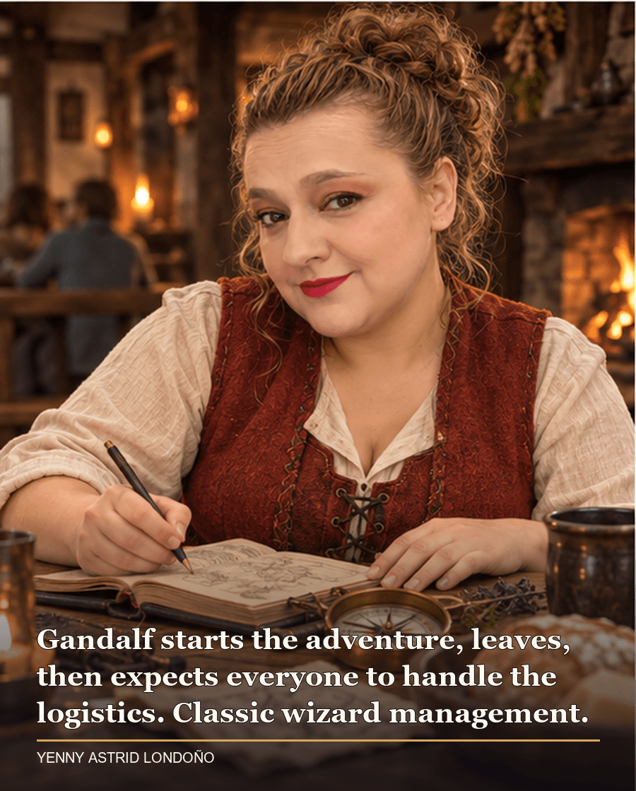 Image from Yenny Astrid Londoño’s review of “The Hobbit”. Yenny in a rust-colored vest at a wooden inn table with a compass and travel notes. Text: Gandalf starts the adventure, leaves, then expects everyone to handle the logistics. Classic wizard management.