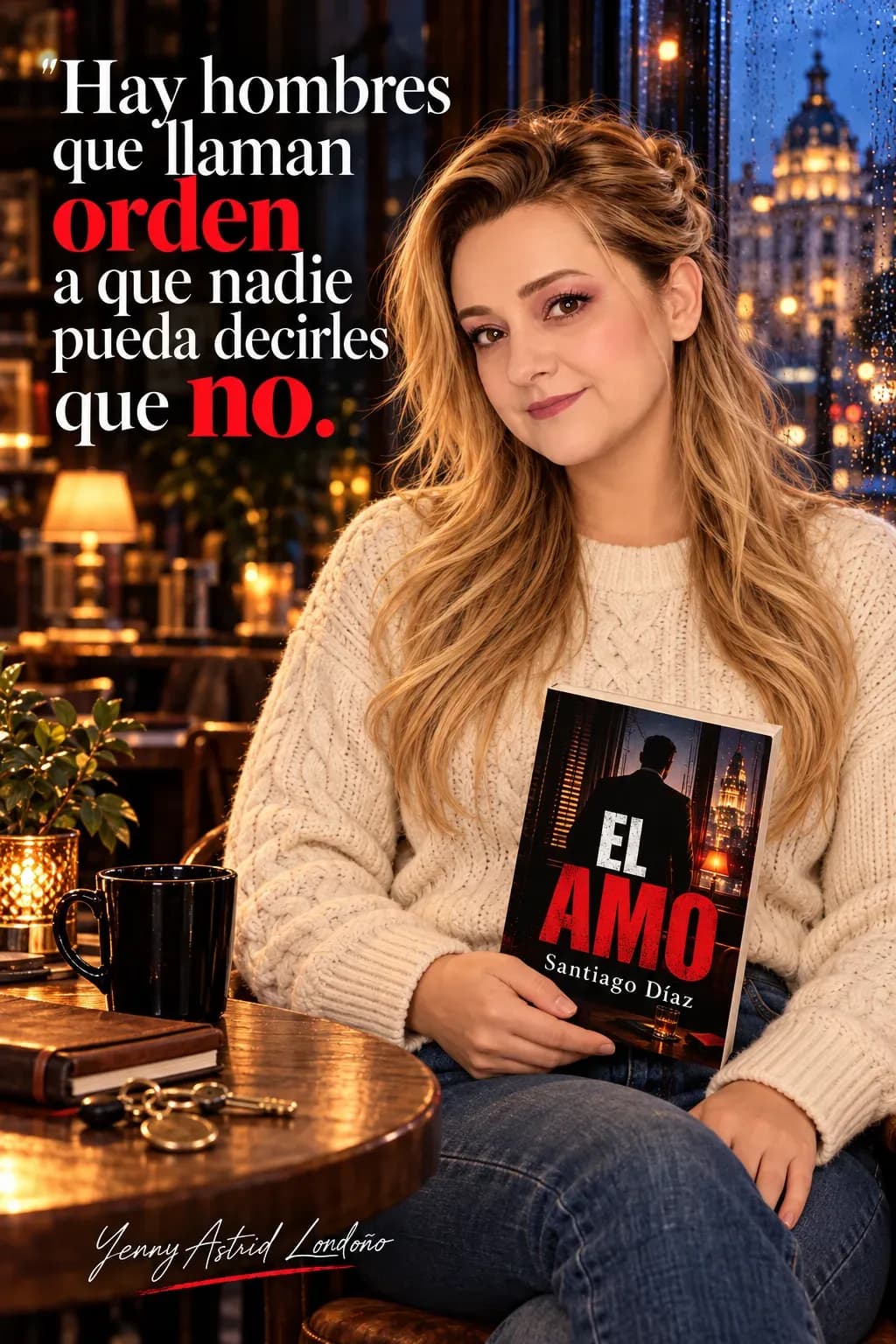 Yenny con semirrecogido y jersey marfil, sentada con El amo y las dos manos bajas; frase del libro sobre quienes llaman orden a no aceptar un no.