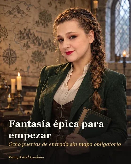Portada del artículo «Mejores libros de fantasía épica para empezar: ocho puertas de entrada sin mapa obligatorio», escrito por Yenny Astrid Londoño. Yenny en una biblioteca de fantasía con un mapa desplegado y una pila de libros; portada: “Fantasía épica para empezar”