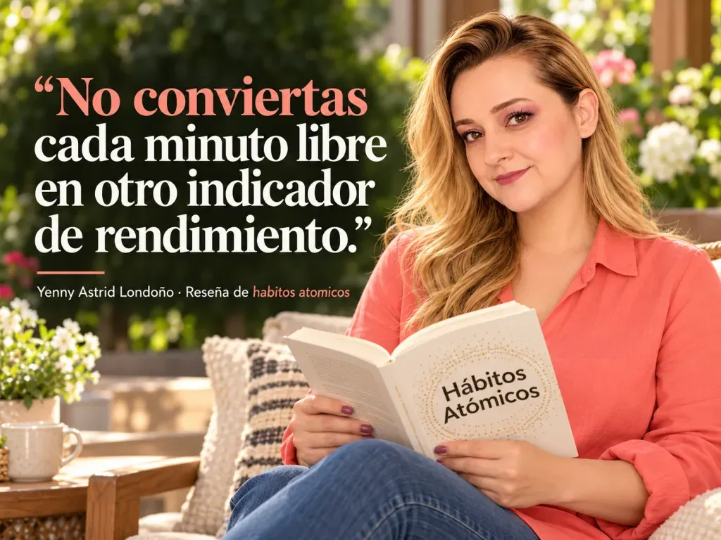 Imagen de la reseña del libro «Hábitos atómicos», escrita por Yenny Astrid Londoño. Yenny Astrid Londoño en una imagen editorial con la frase del libro sobre No conviertas cada minuto libre en otro indicador de rendimiento.