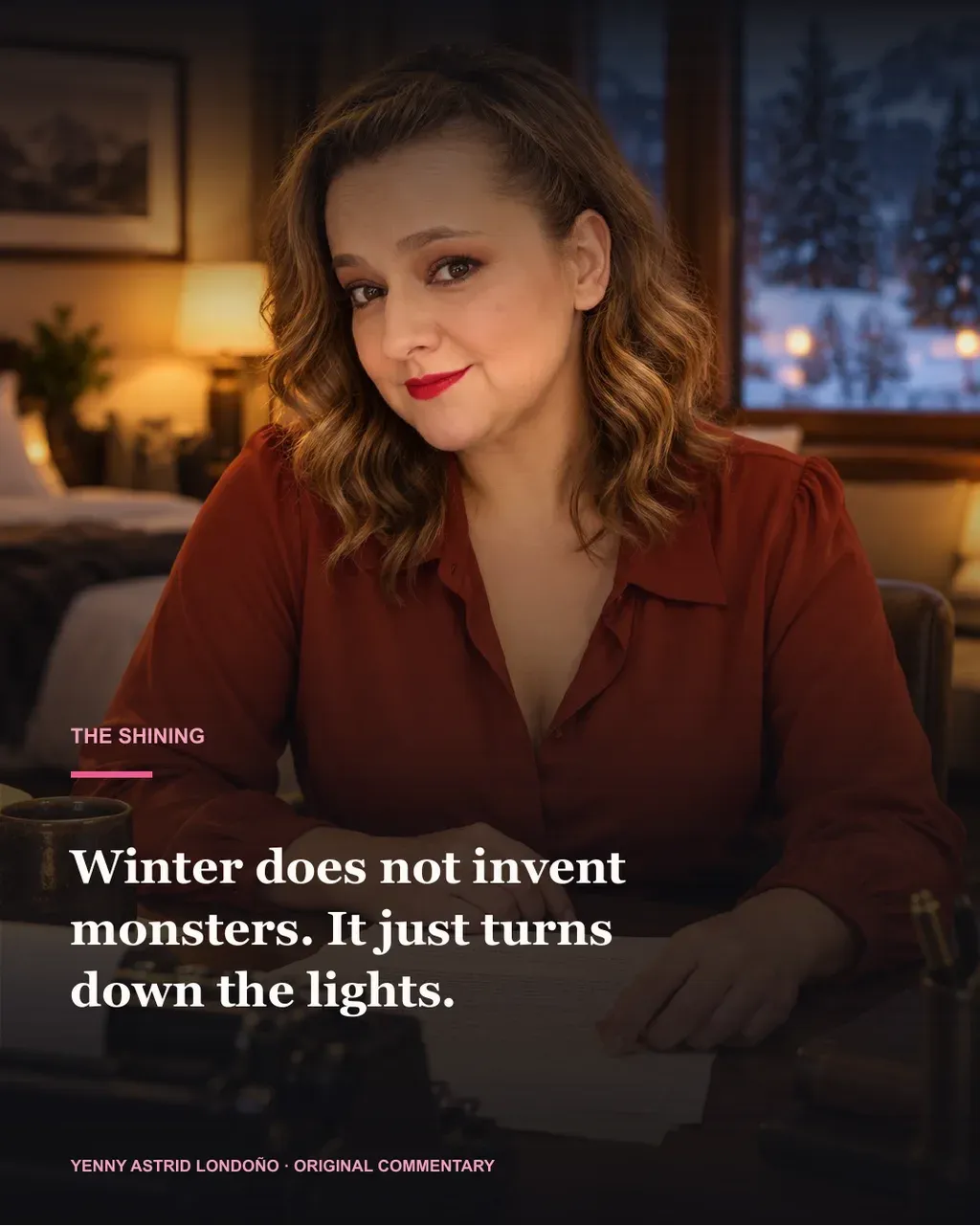 Image from Yenny Astrid Londoño’s review of “The Shining”. Illustration of El resplandor, by Stephen King, with overlaid text: «Winter does not invent monsters. It just turns down the lights.»