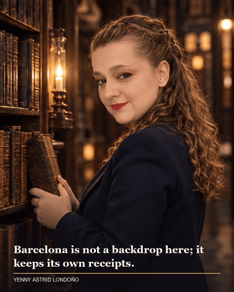 Image from Yenny Astrid Londoño’s review of “The Shadow of the Wind”. Yenny in a shadowy library surrounded by shelves, with Barcelona’s literary history behind her. Text: Barcelona is not a backdrop here; it keeps its own receipts.