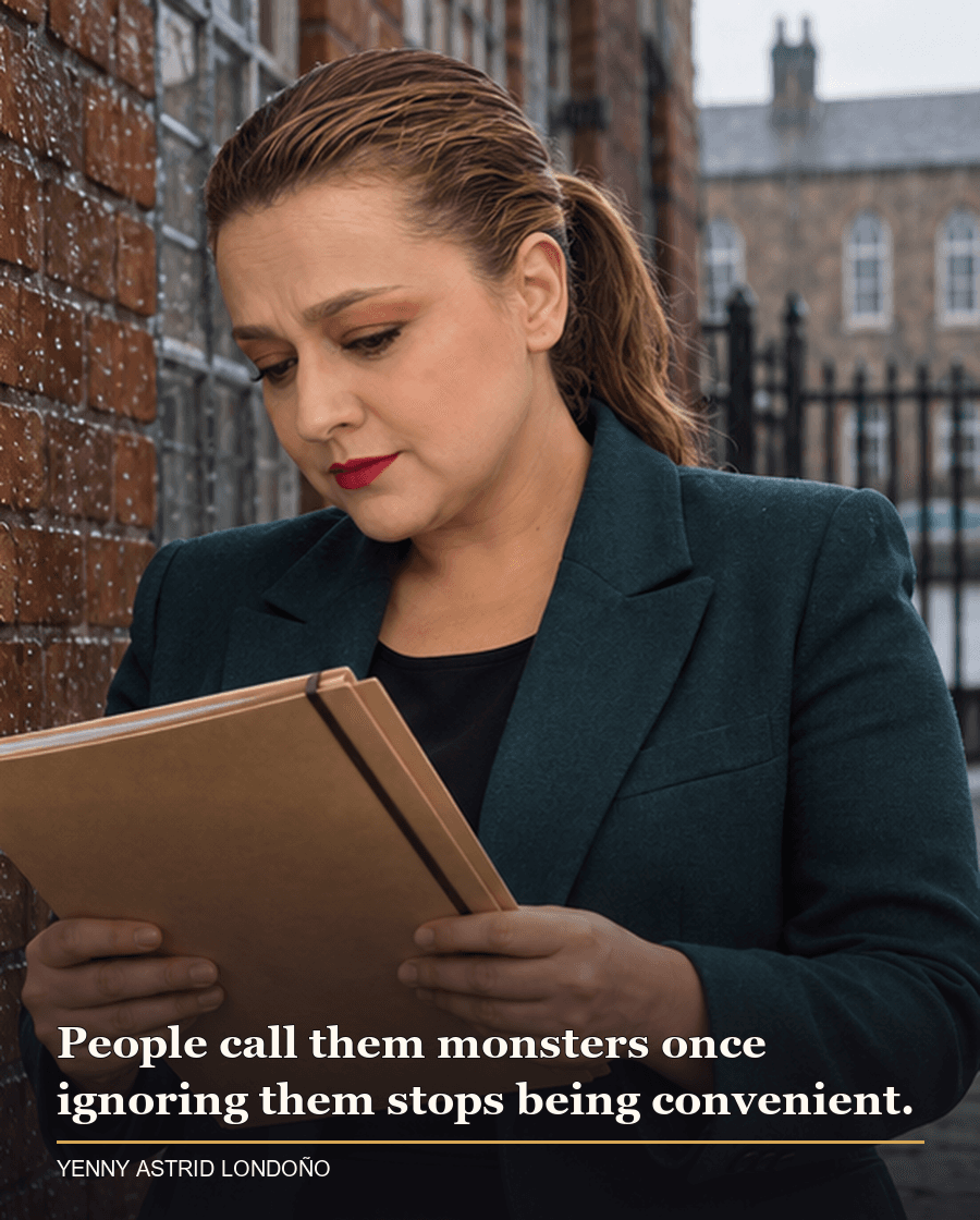 Image from Yenny Astrid Londoño’s review of “The Orphans”. Yenny in a dark teal blazer beside a rain-streaked Belfast school wall, studying a case folder. Text: People call them monsters once ignoring them stops being convenient.