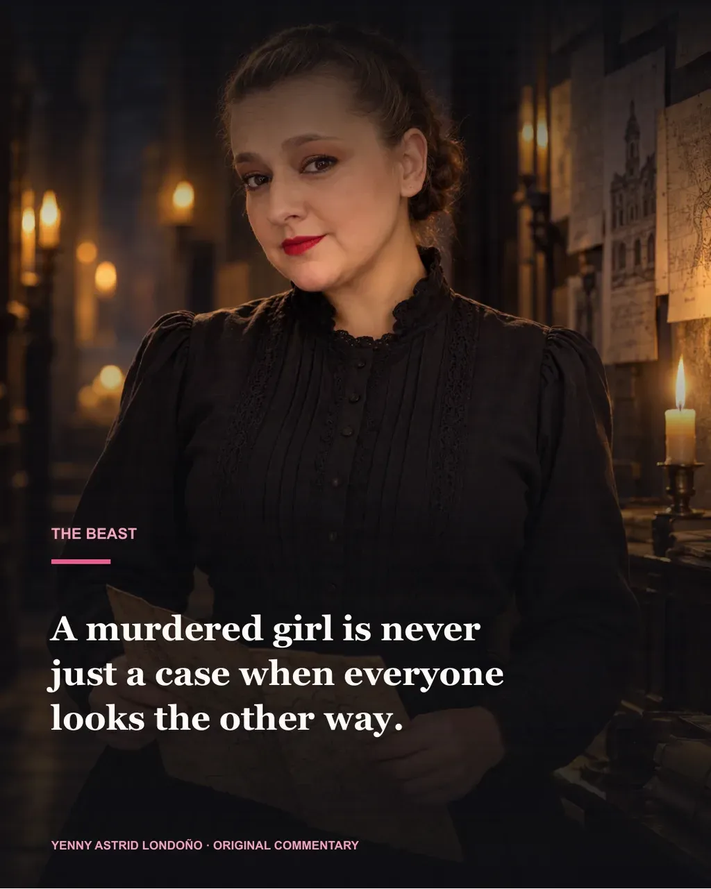 Image from Yenny Astrid Londoño’s review of “The Beast”. Illustration of The Beast, by Carmen Mola, with overlaid text: «A murdered girl is never just a case when everyone looks the other way.»
