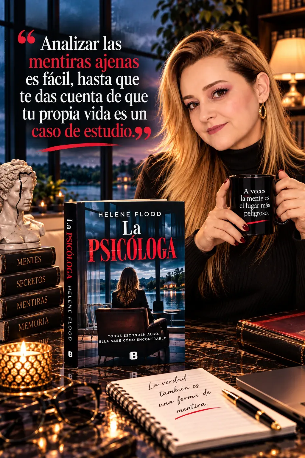Yenny Astrid Londoño con un suéter negro de cuello alto y una taza en las manos, con La psicóloga, de Helene Flood, sobre la mesa y un texto superpuesto en la imagen.