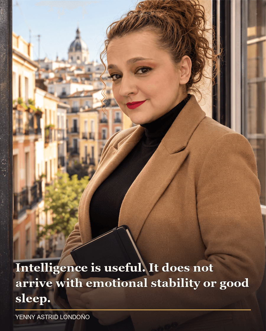 Image from Yenny Astrid Londoño’s review of “Red Queen”. Yenny in a camel jacket at a Lavapiés apartment window looking over Madrid rooftops with a notebook. Text: Intelligence is useful. It does not arrive with emotional stability or good sleep.