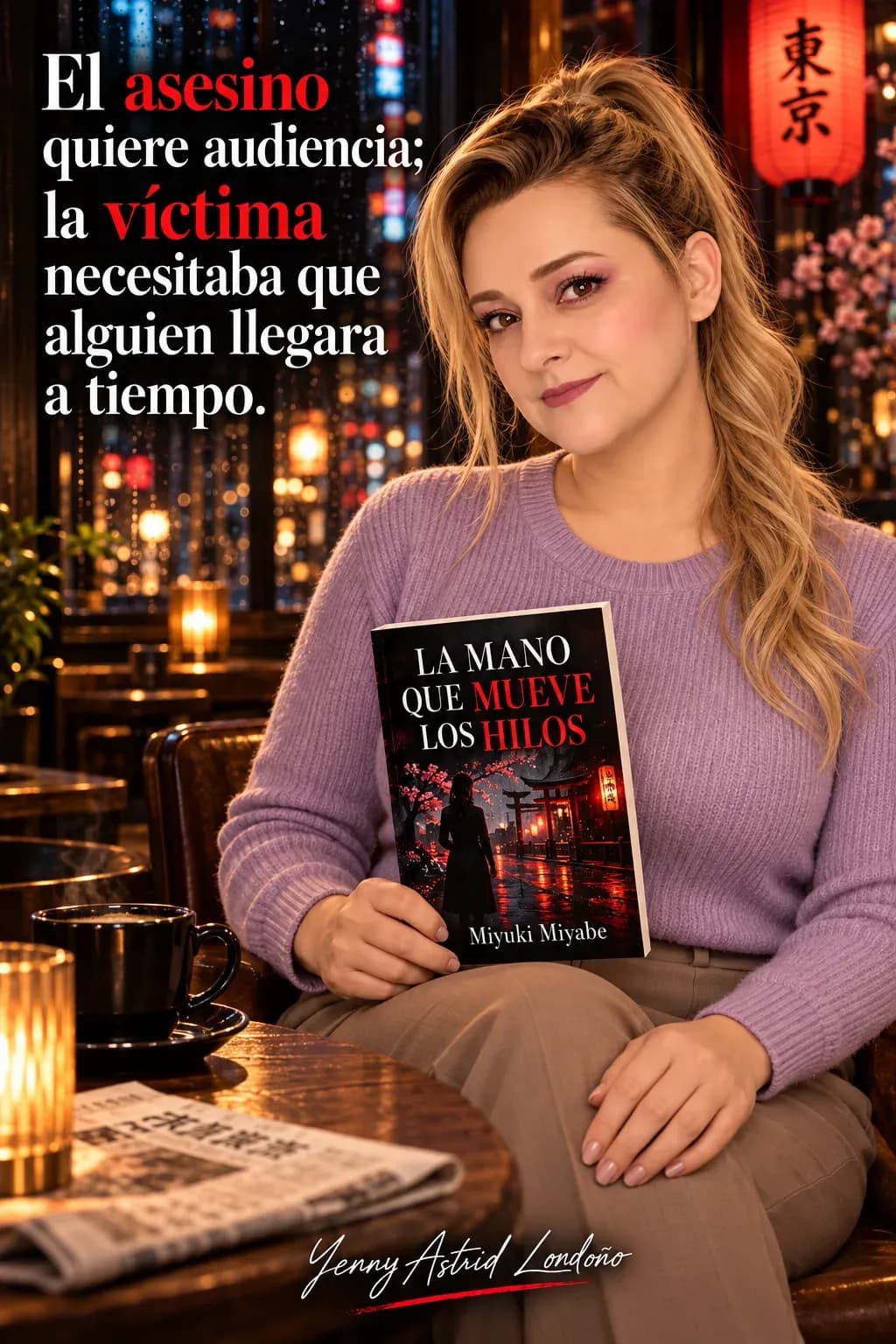 Yenny con coleta rizada y jersey lila, sosteniendo La mano que mueve los hilos con una mano y la otra en la rodilla; frase del libro sobre audiencia y víctimas.