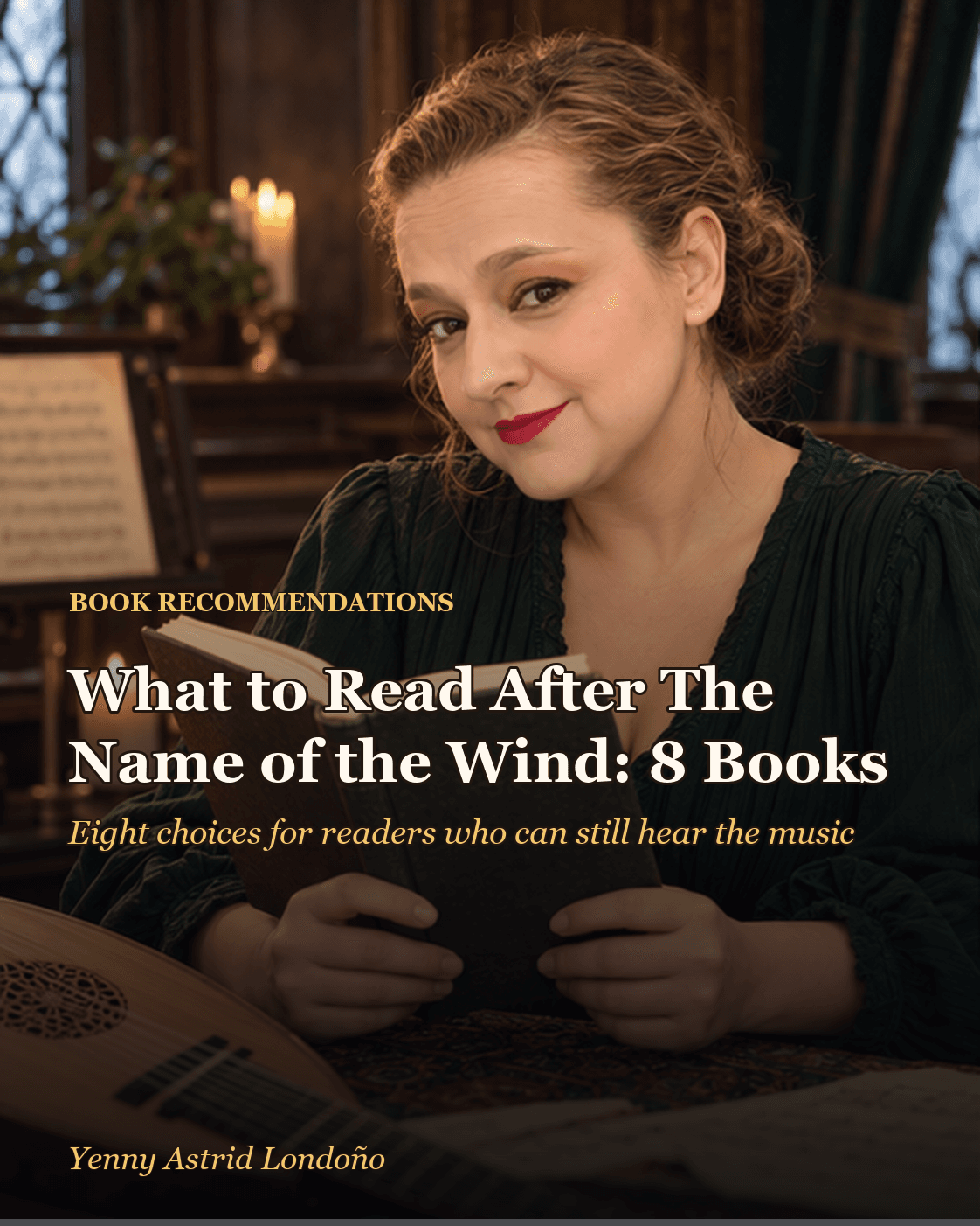 Cover image for “What to Read After *The Name of the Wind*: Eight Choices for Anyone Who Still Hears the Music,” written by Yenny Astrid Londoño. Yenny reading fantasy beside a rainy window, a notebook, and a stringed instrument.