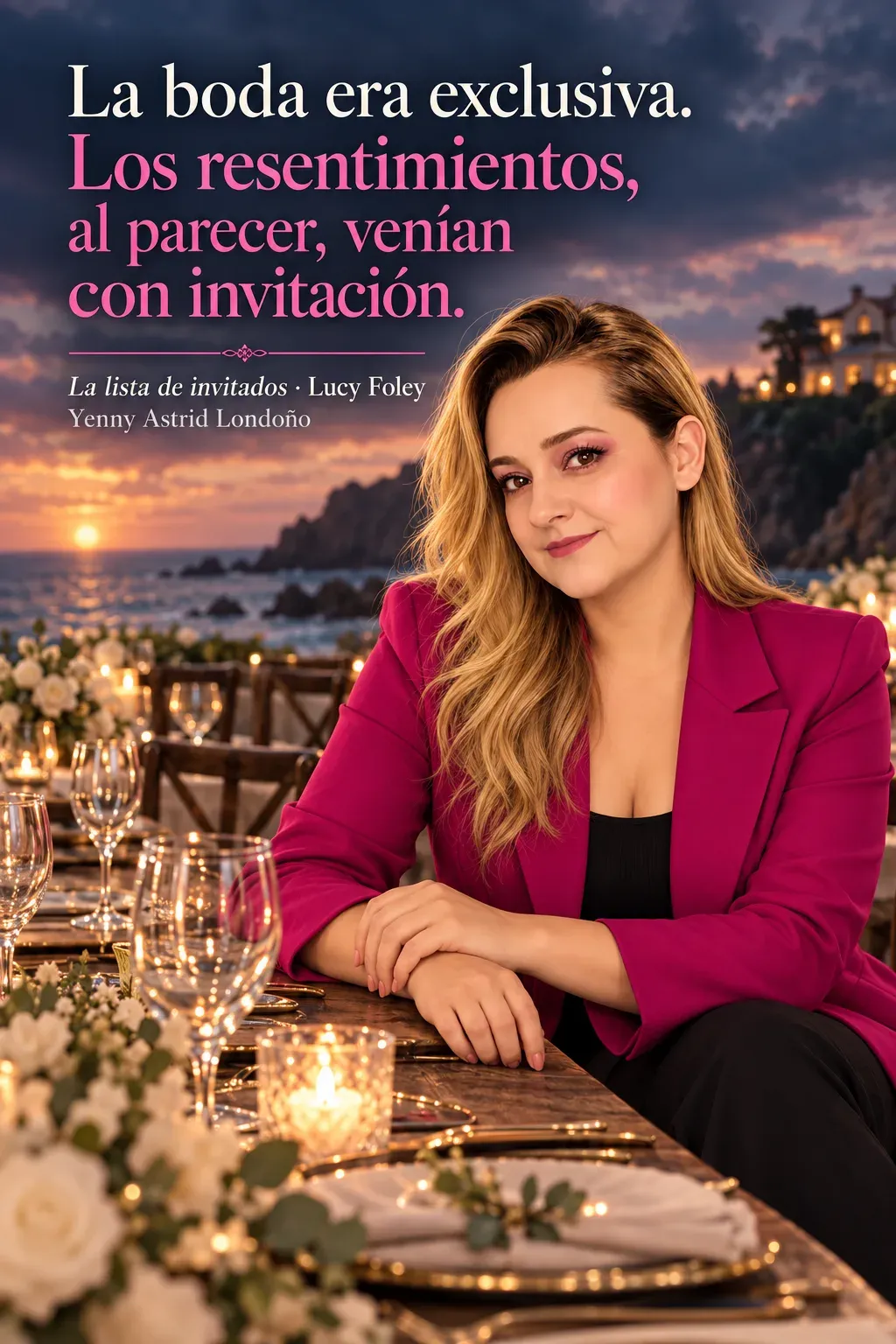 Yenny con blazer magenta sentada ante una mesa de banquete vacía junto al mar.