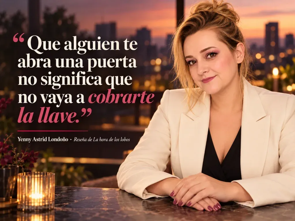 Imagen de la reseña del libro «La hora de los lobos», escrita por Yenny Astrid Londoño. Ilustración de La hora de los lobos, de Mario Mendoza, con un texto superpuesto: «Que alguien te abra una puerta no significa que no vaya a cobrarte la llave».