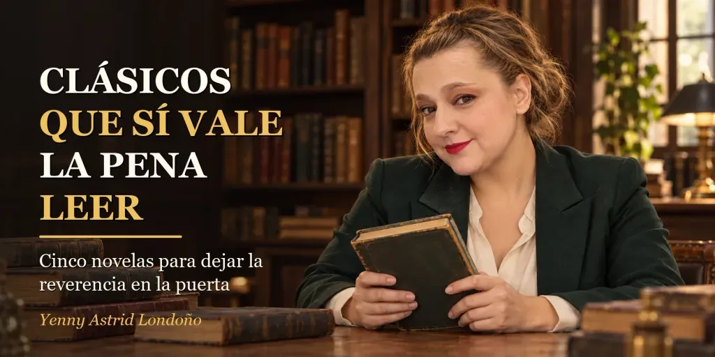 Portada del artículo «Clásicos que sí vale la pena leer: cinco novelas para dejar la reverencia en la puerta», escrito por Yenny Astrid Londoño. Yenny sostiene un libro clásico en una biblioteca; portada de «Clásicos que sí vale la pena leer»