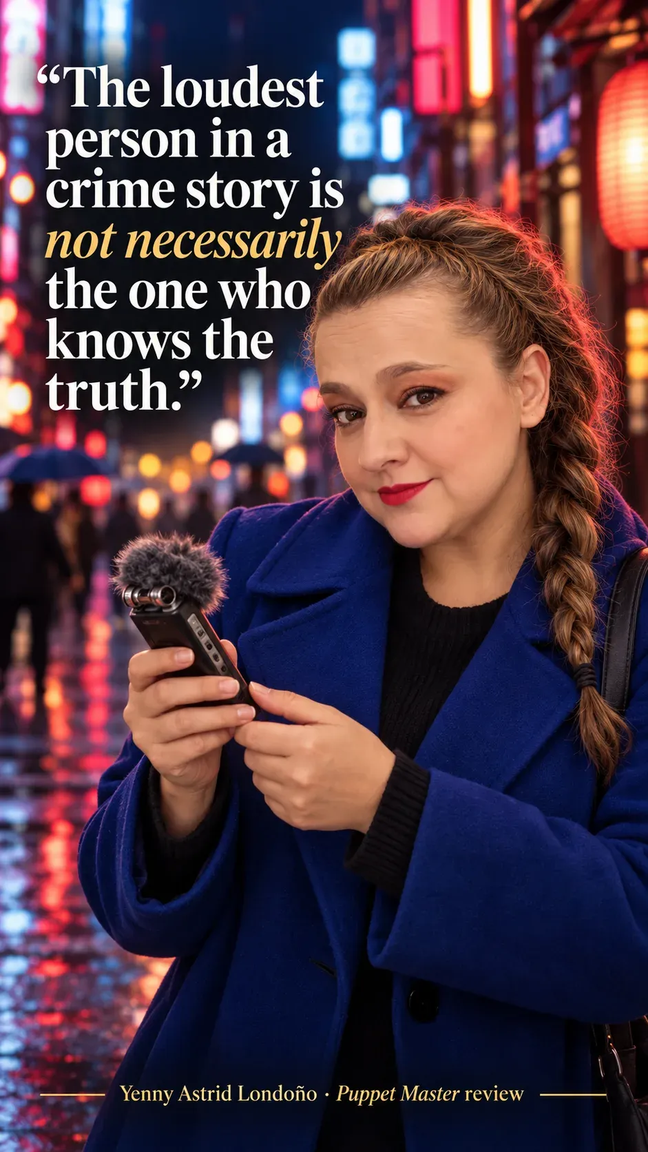 Image from Yenny Astrid Londoño’s review of “Puppet Master”. Yenny in a cobalt coat holding a recorder on a neon-lit Tokyo street. Text: The loudest person in a crime story is not necessarily the one who knows the truth.